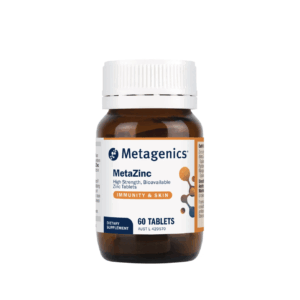 MetaZinc 60 Tablets is a dietary supplement in a brown bottle, providing high strength, bioavailable zinc to support immunity and skin health, with 60 tablets per bottle.
